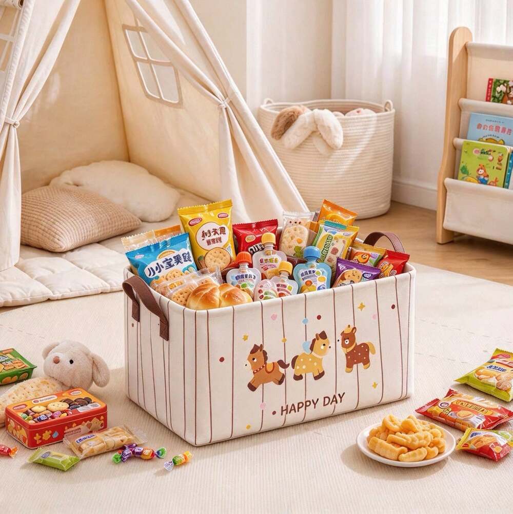 Rocking Horse Print Fabric Storage Basket, Foldable Toy Organizer Bin withHandle
